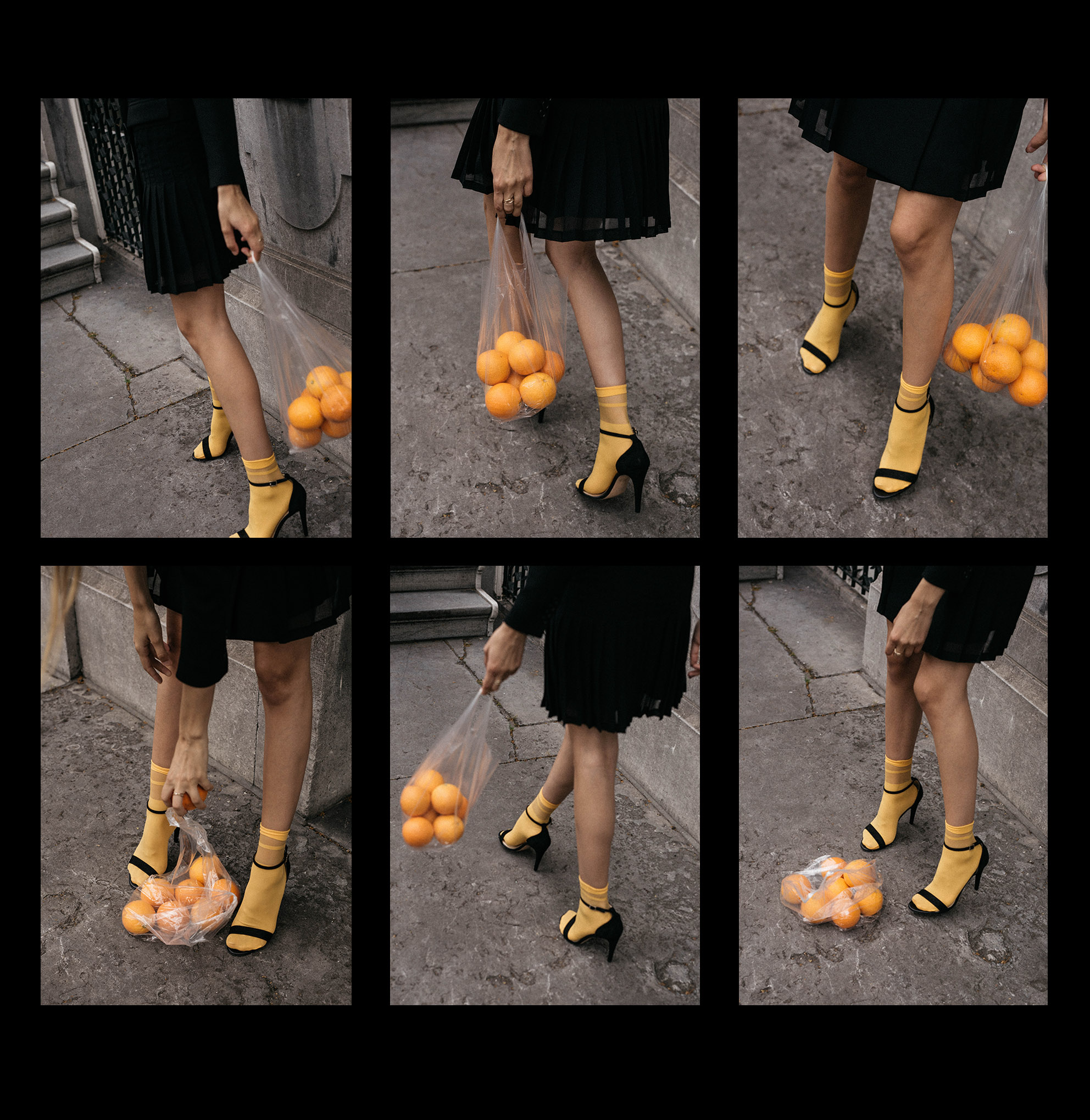 Homepage-dept43-yellow-socks-with-strappy-sandals-oranges-in-plastic-bag