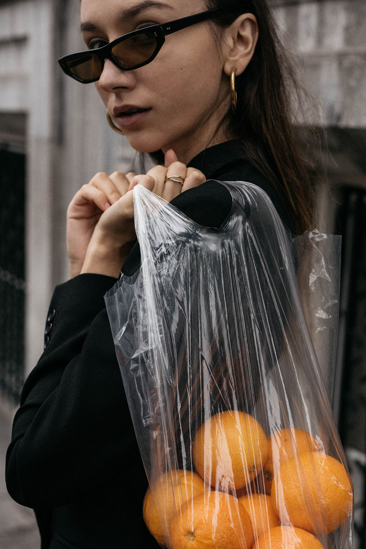 editorial-outfit-ideas-balenciaga-sunglasses-2018-dept43-black-tuxedo-dress-oranges-in-plastic-bag-photography-6